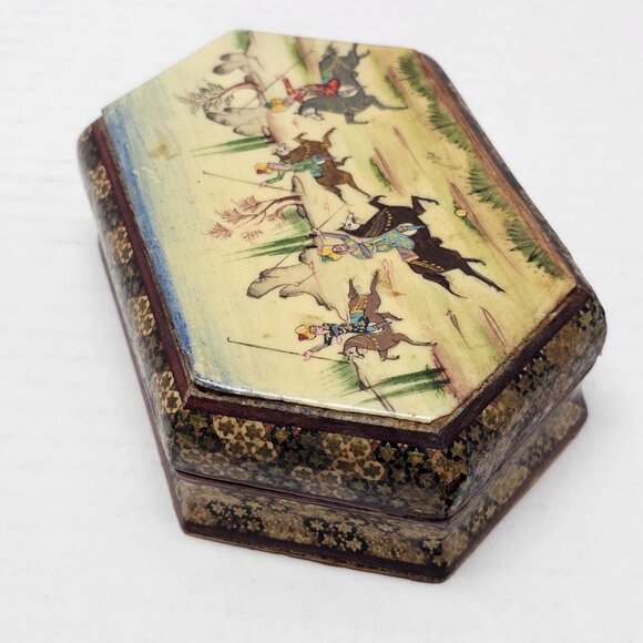 Vintage Persian Khatam Jewelry Trinket Storage Box Scene Battle Painting Warrior - Picture 4 of 16